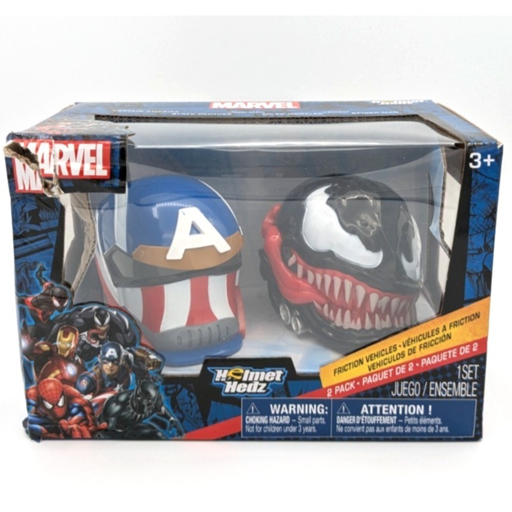 Jam'N Helmet Hedz Marvel Friction Vehicles Captain America & Venom 2 Pack Toys